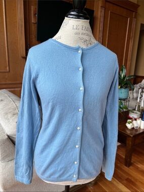 Cashmere Classic Crewneck Button-Front Women's Blue Cardigan Small Lochmere